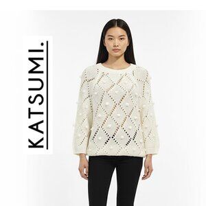 KATSUMI, Ivory open knit 3/4 sleeve sweater